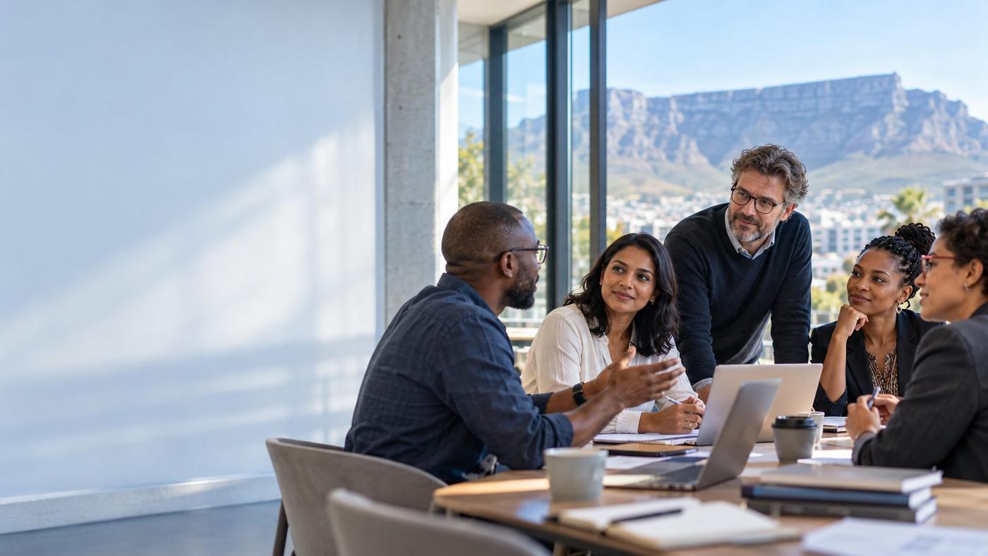 Academics in a meeting with Table Mountain in the background